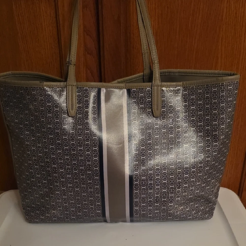Tory Burch Gray Logo Canvas Tote with Center Stripe